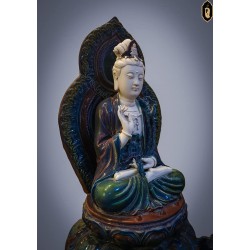 Bodhisattva, ancient occult clay, around 40-50 years old, beautiful and full of mercy.