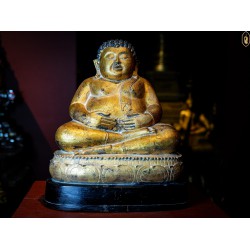 Ancient Sangkachai Buddha image, reign era, covered with gold Metal texture, wooden base, perfect beauty, good appearance, auspicious