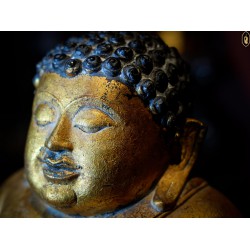 Ancient Sangkachai Buddha image, reign era, covered with gold Metal texture, wooden base, perfect beauty, good appearance, auspicious